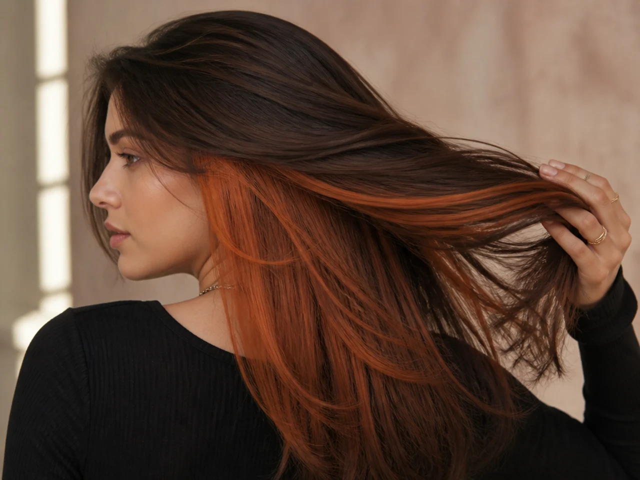 Copper panel under chestnut hair