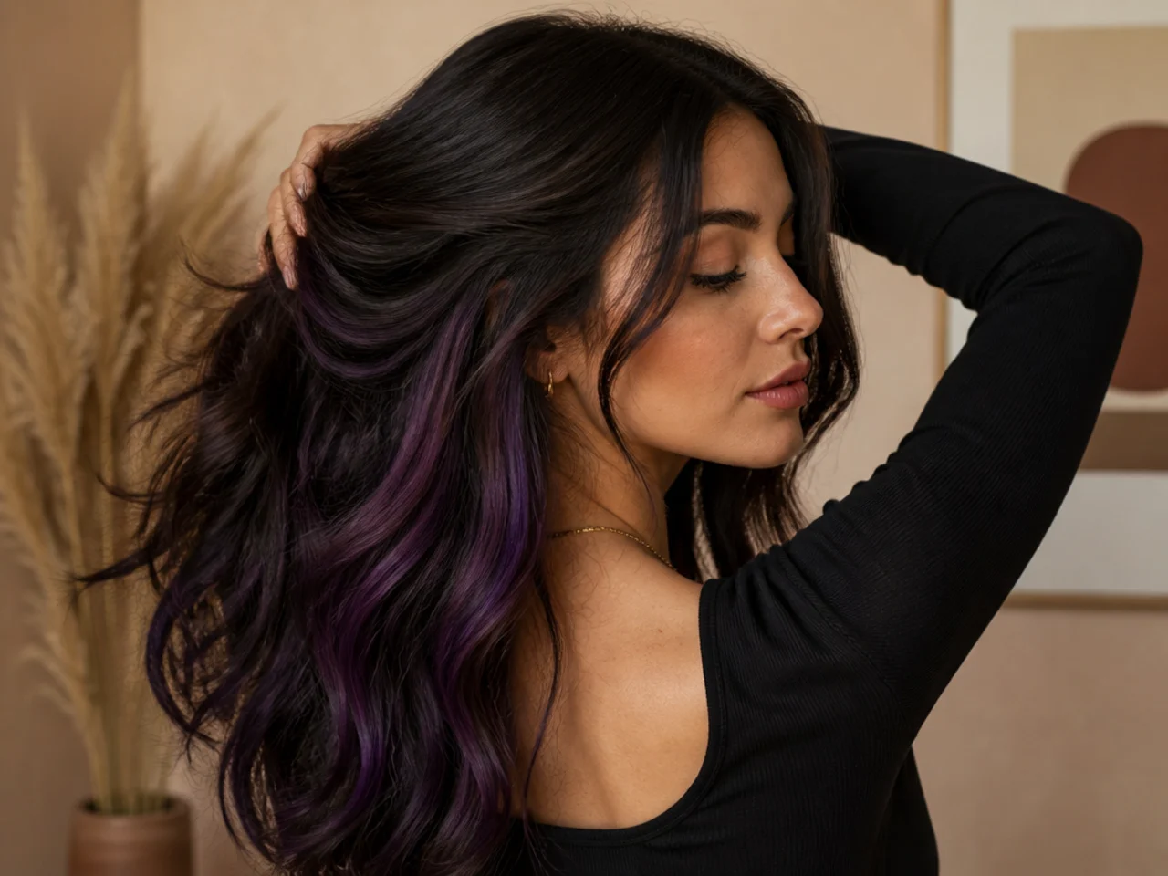 Violet panel under dark brown hair