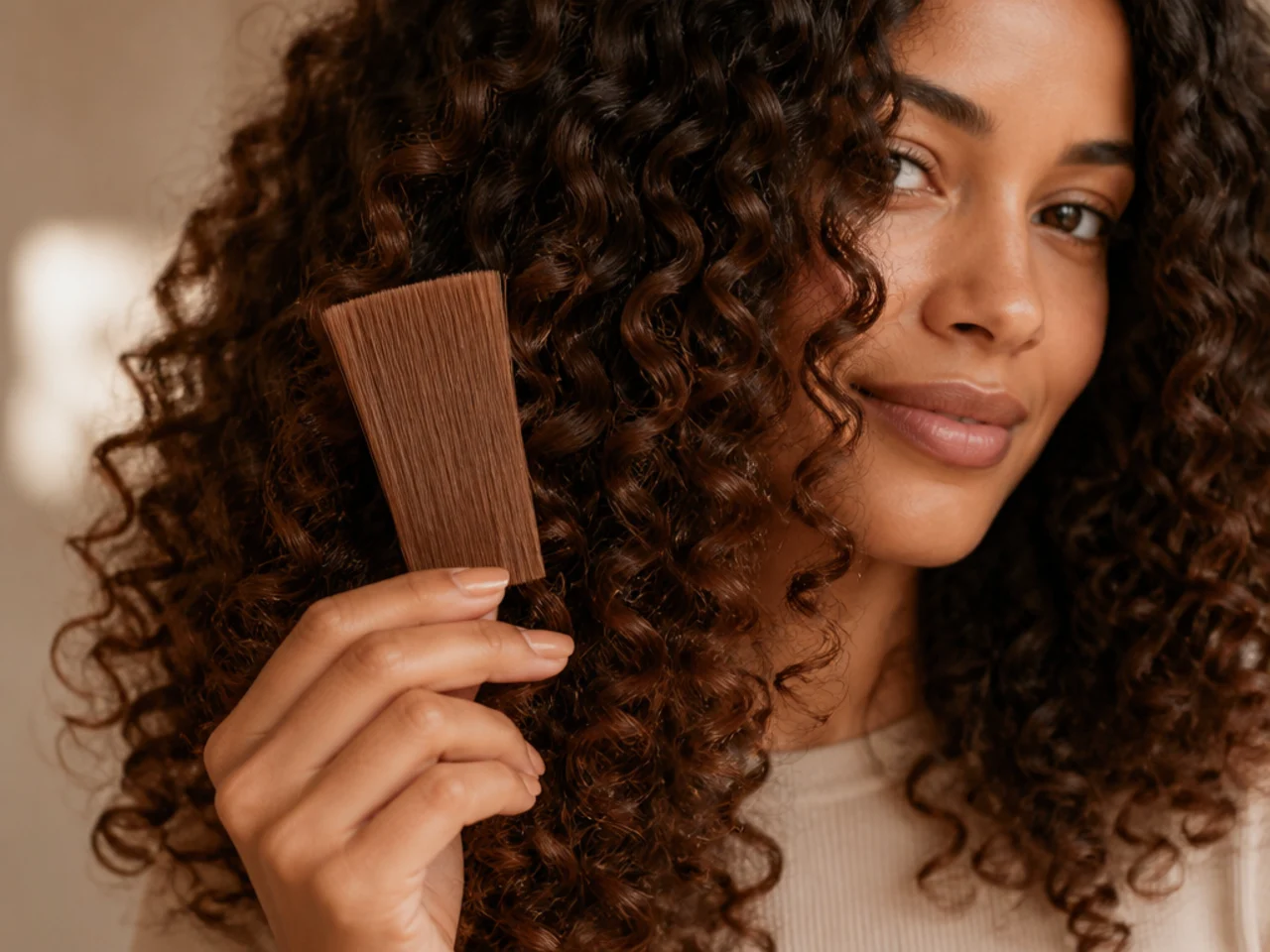 The same color swatch shown in open daylight and shaded under a layer of curls