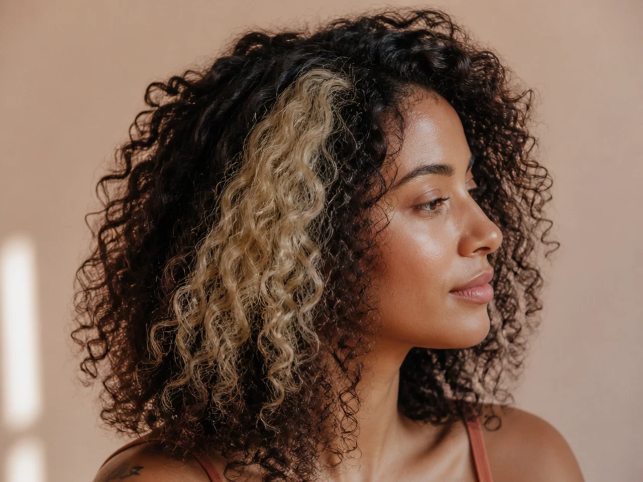 A bleached curly panel with a visibly looser pattern than the untreated hair around it