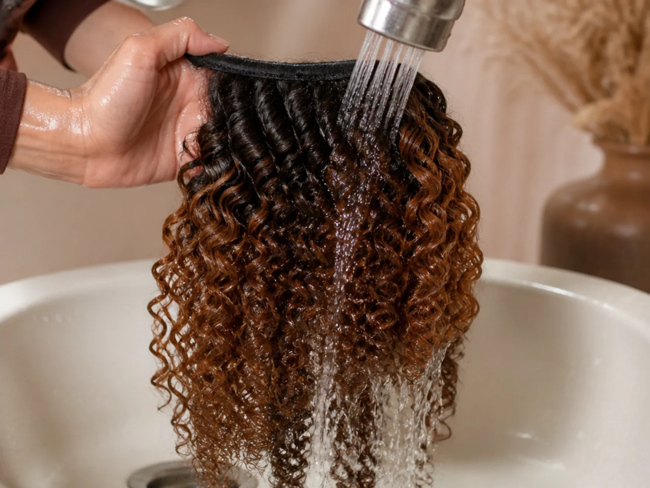 A colored curly panel being rinsed under cold running water over a basin