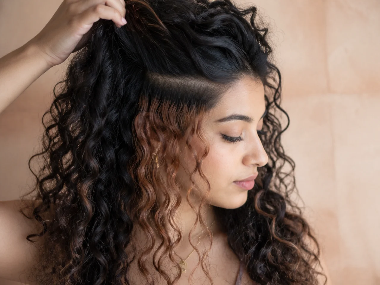 A grown out peekaboo panel with a soft regrowth line hidden under the top curls