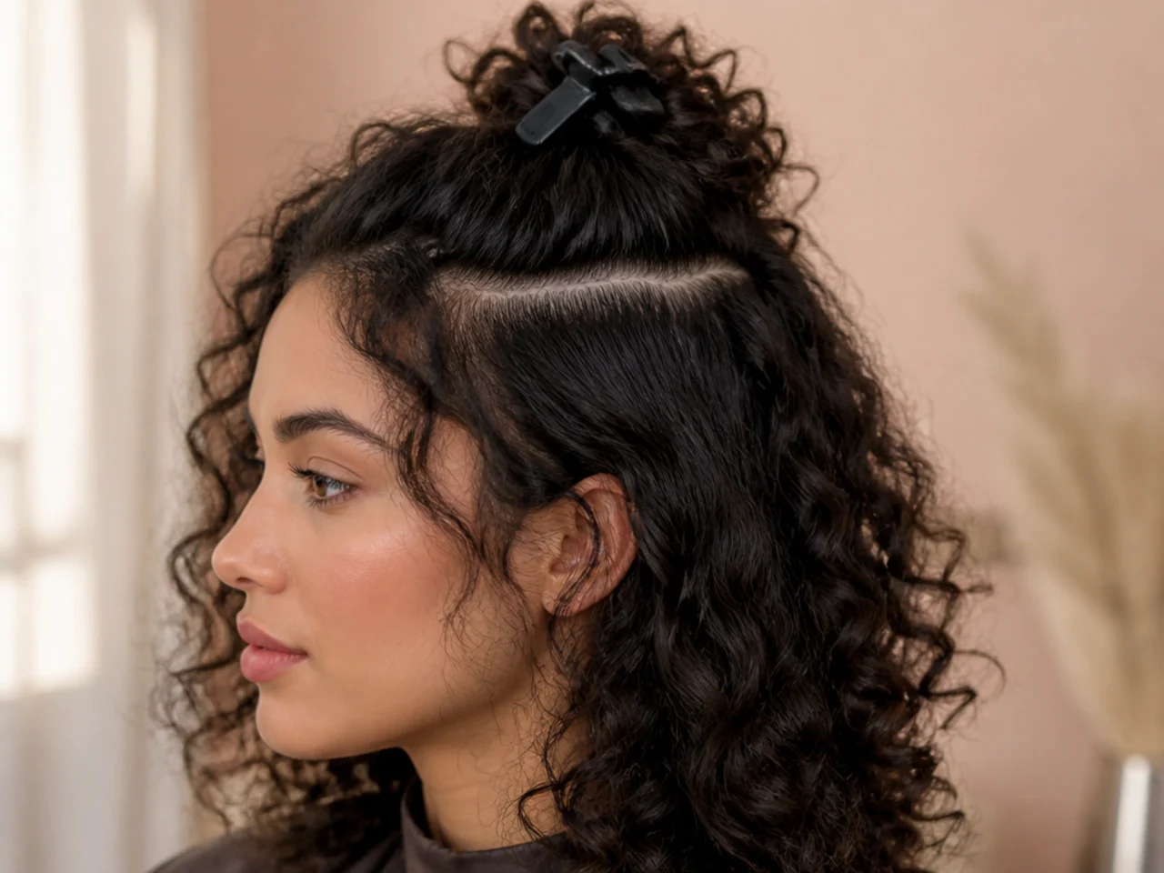 Curly hair clipped up to preview where a peekaboo panel would sit before any color is applied