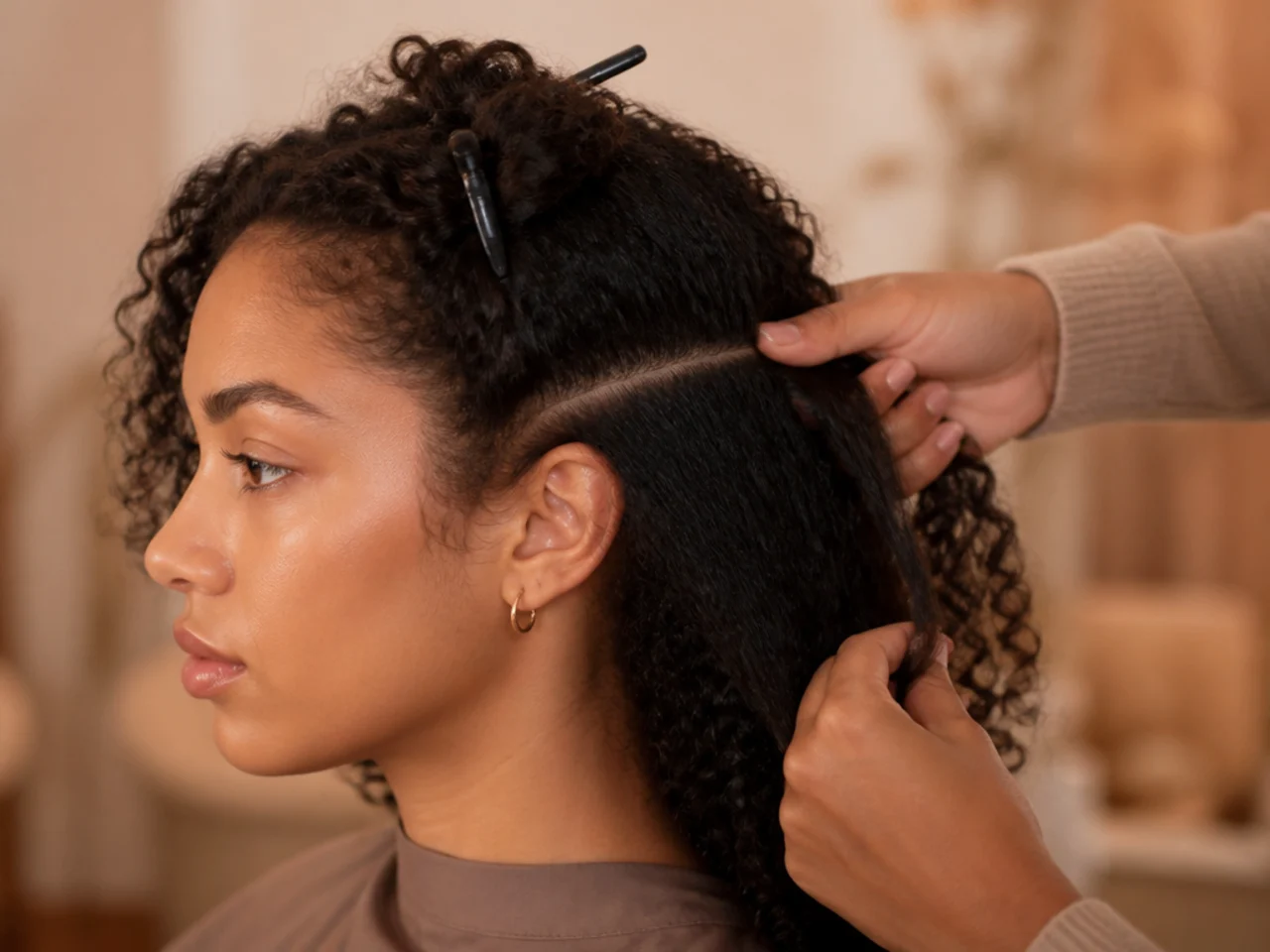 Dry curly hair being sectioned into a clean panel with clips holding the top layer away