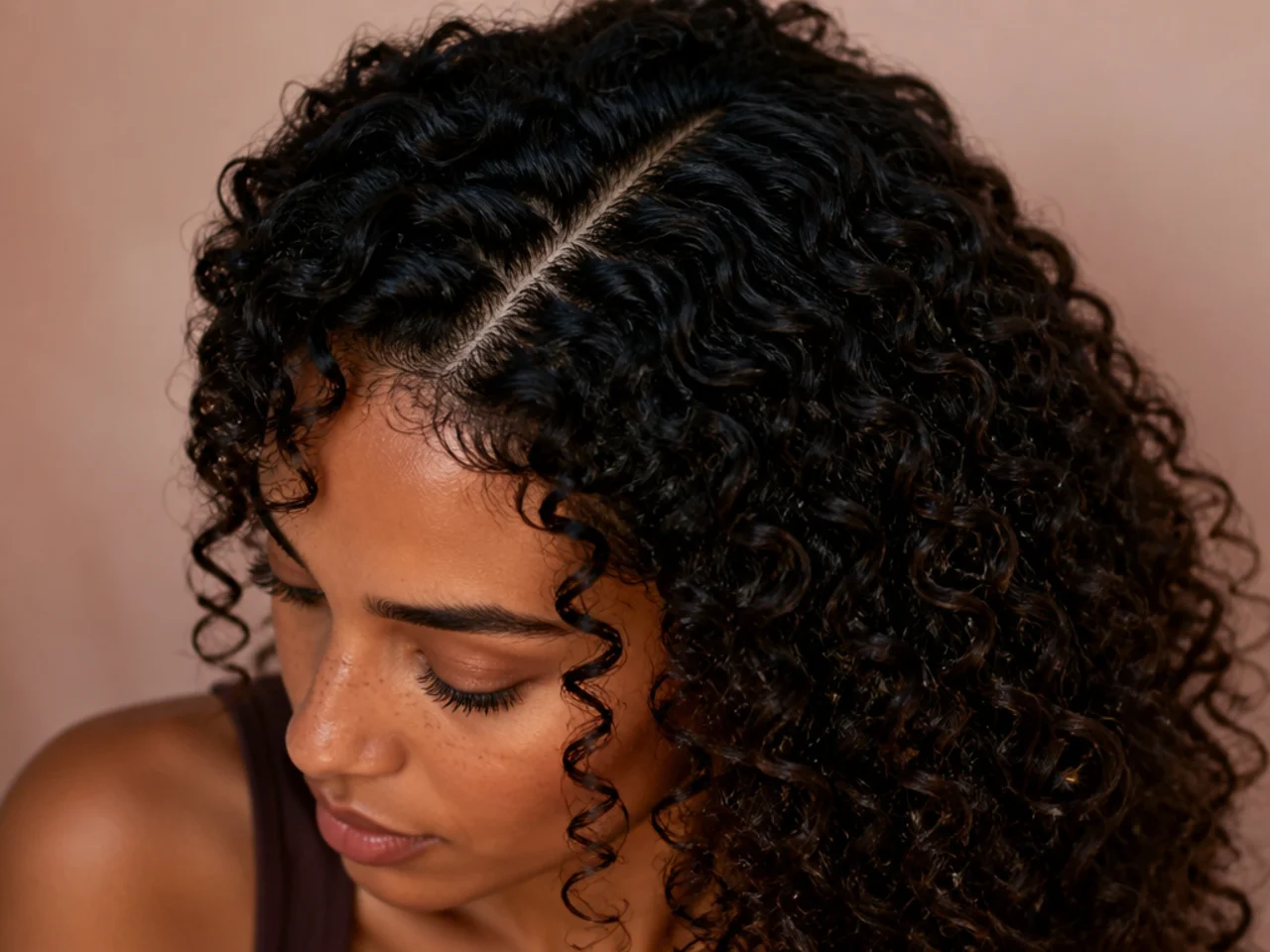 A section line following the natural groupings of curl clumps rather than a straight parting