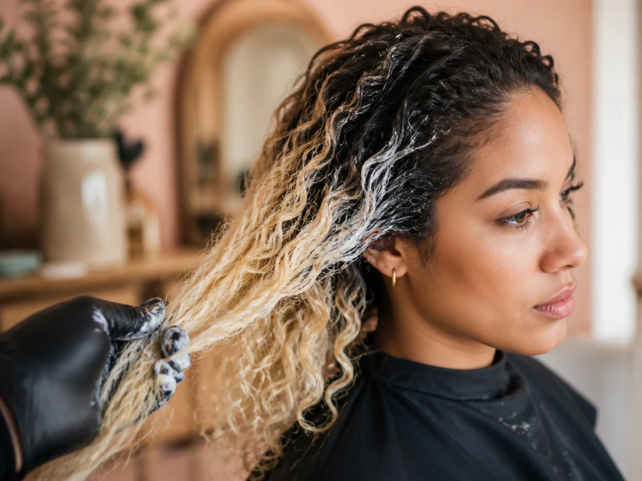 A bleached curly section showing lighter ends and a darker root area mid-process