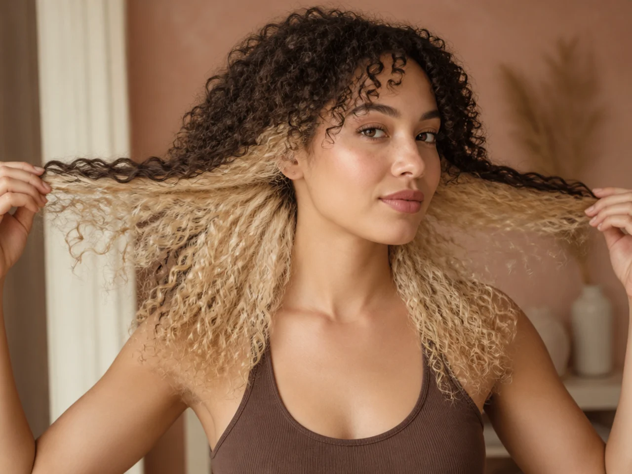 A wide bleached panel across the underneath of curly hair, held out to show its full width