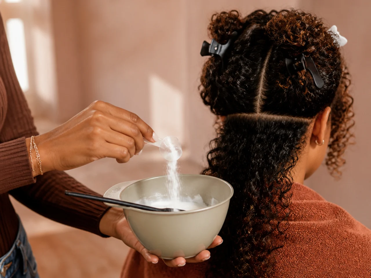 A bond builder being measured into a bowl of lightener beside sectioned curly hair