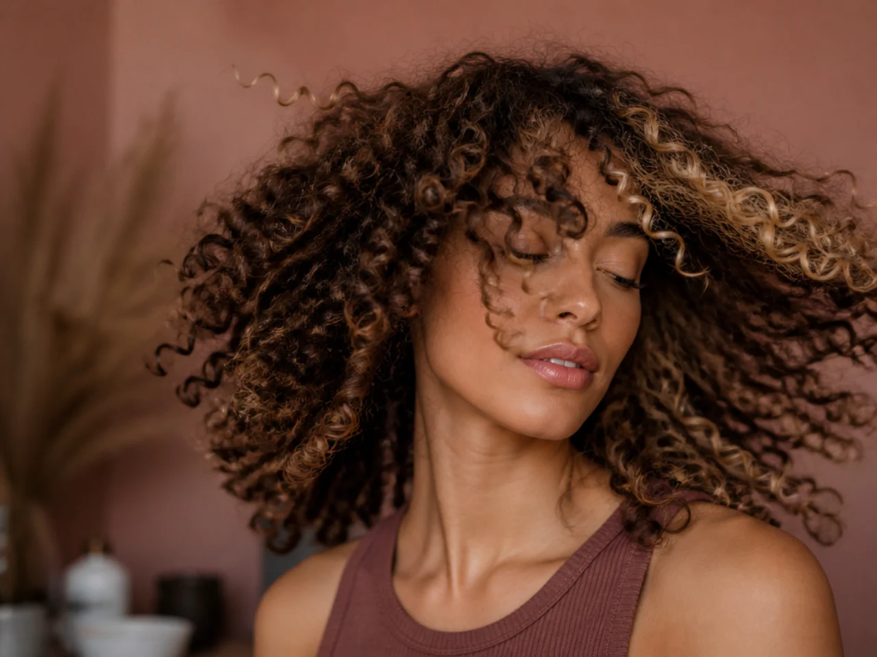 Curly hair caught mid-motion with a bright panel flashing through the top layer