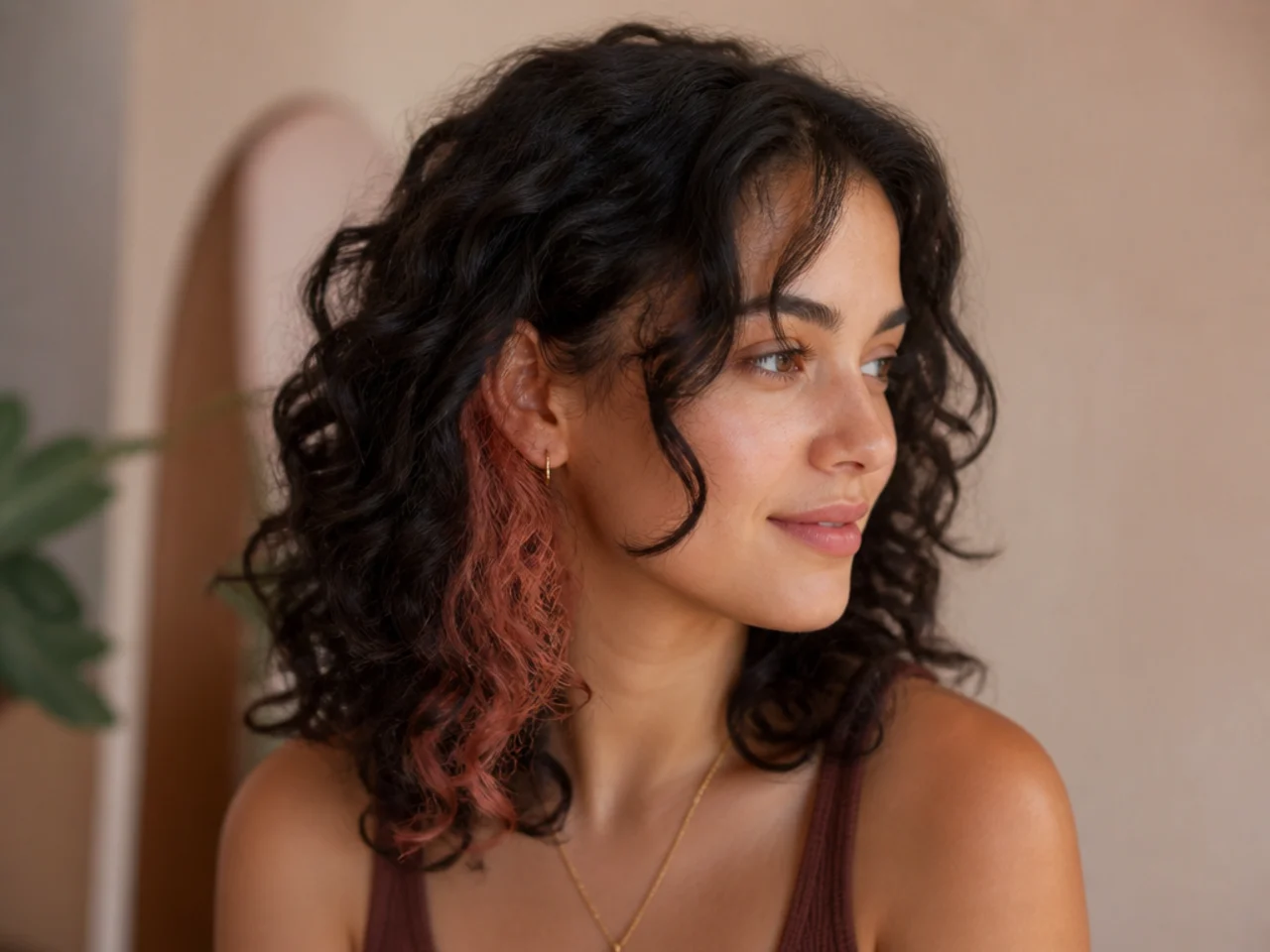 Three-quarter view of curly hair with a finished peekaboo panel visible behind the ear