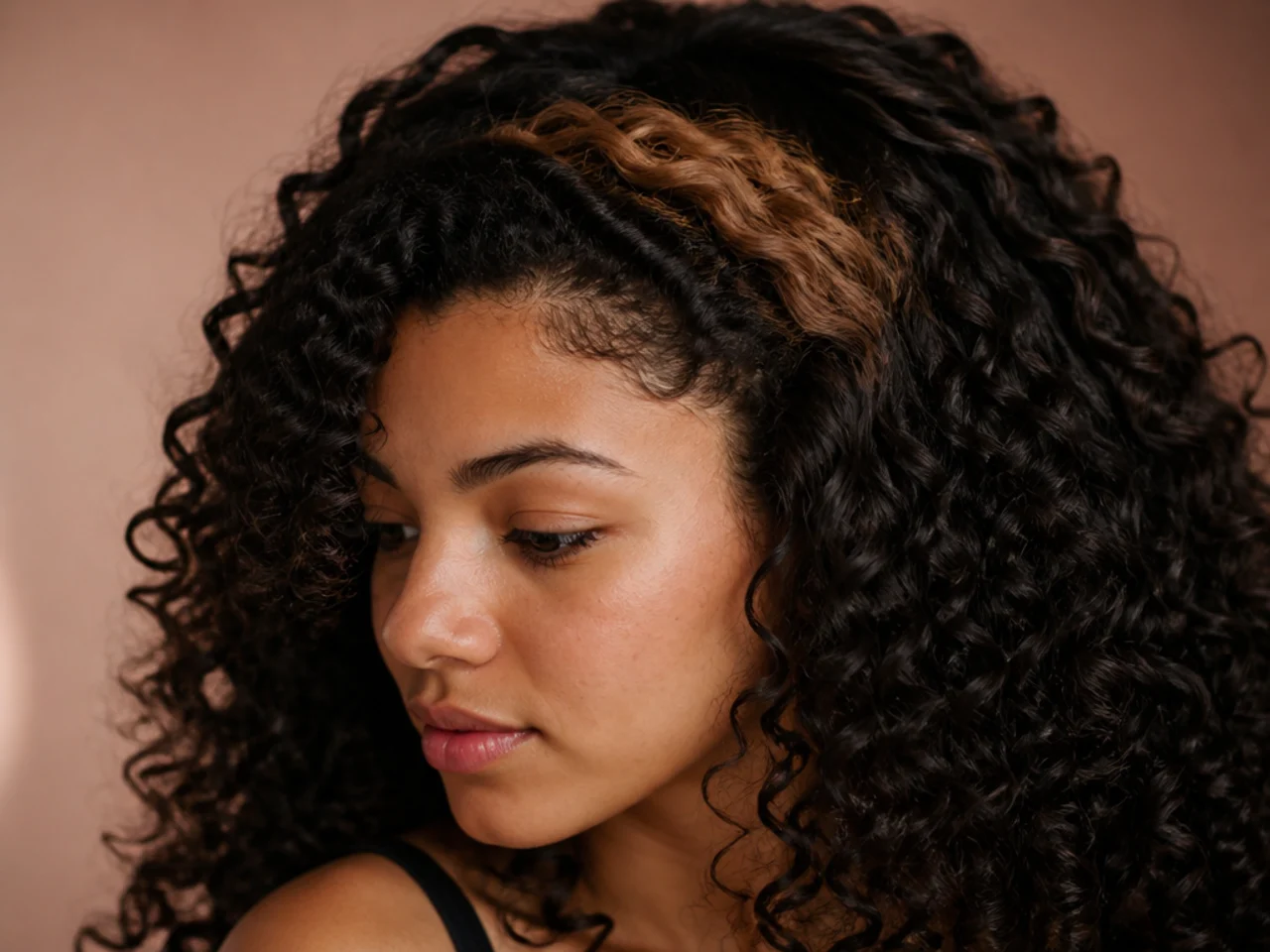 A peekaboo panel placed too high showing as a visible stripe through the top layer of curls