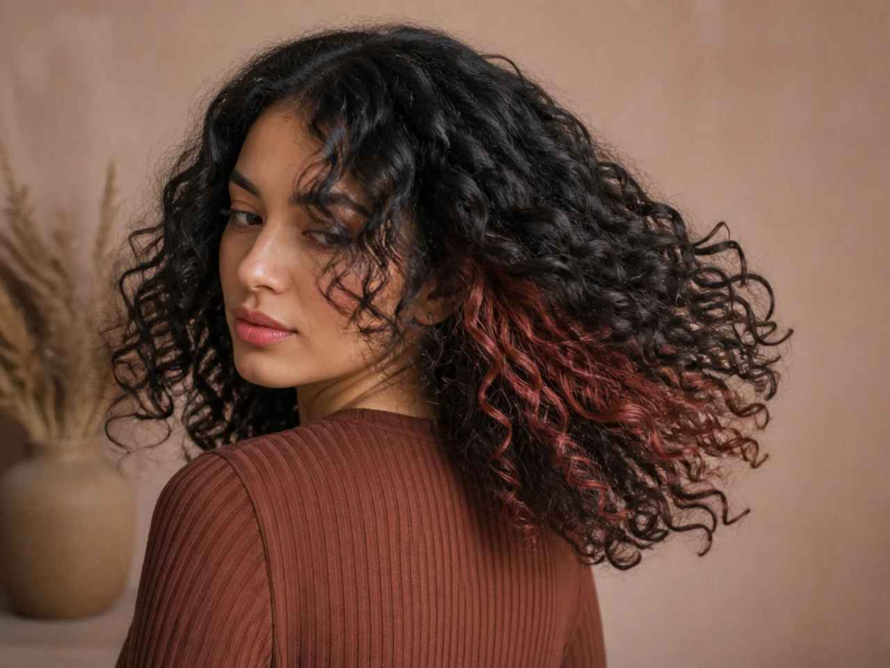 A head of curly hair at rest showing no color, with the same head mid-turn revealing a hidden panel
