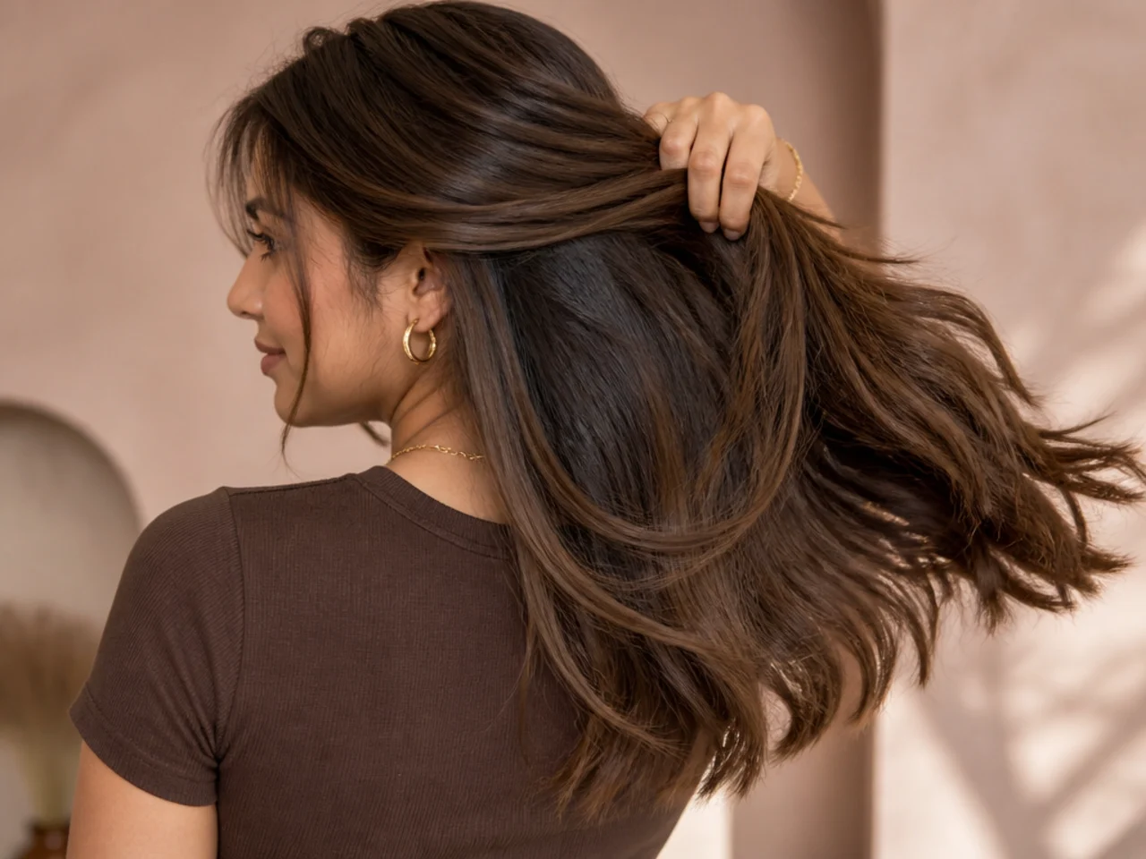 A darker brown panel under mid-brown hair