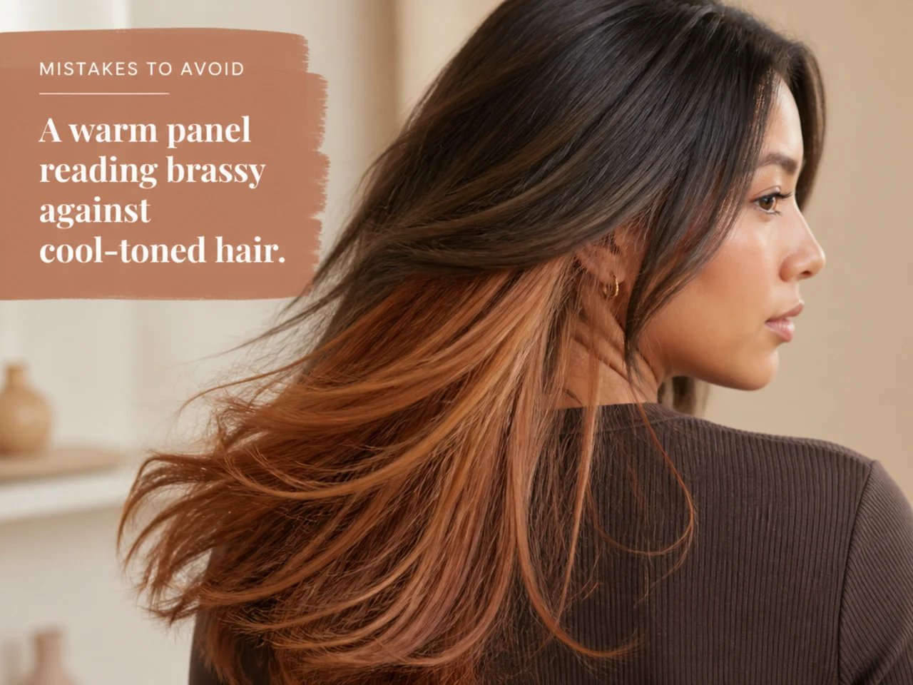 A warm panel reading brassy against cool-toned hair