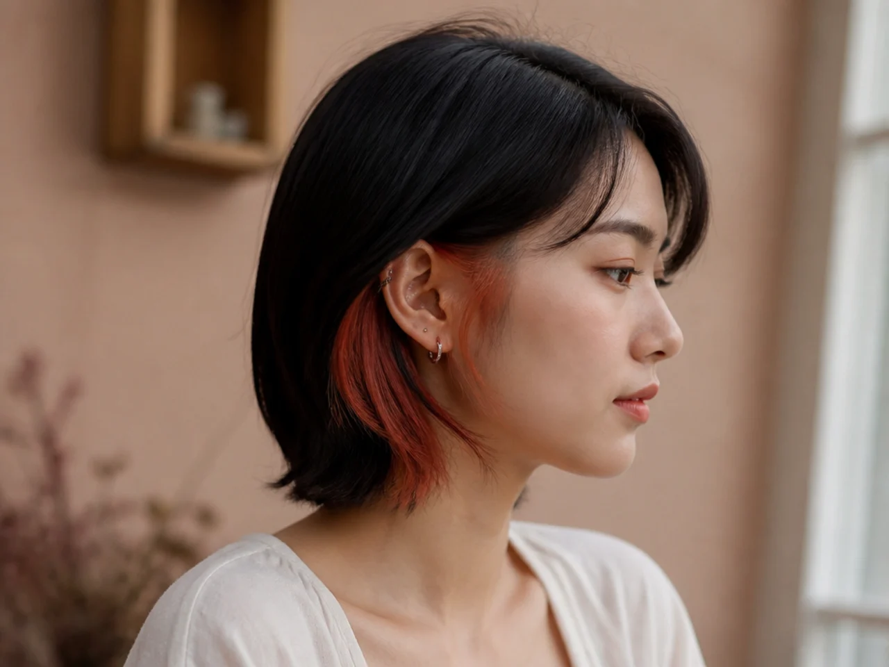 Dark short hair with a single bright panel underneath