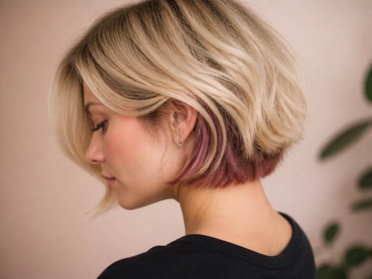 Short blonde hair with a coloured layer underneath