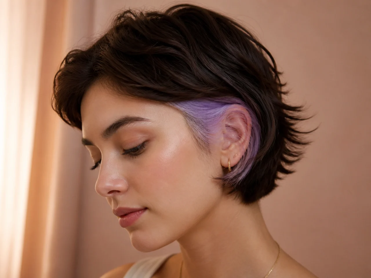 A pastel lilac panel under short hair