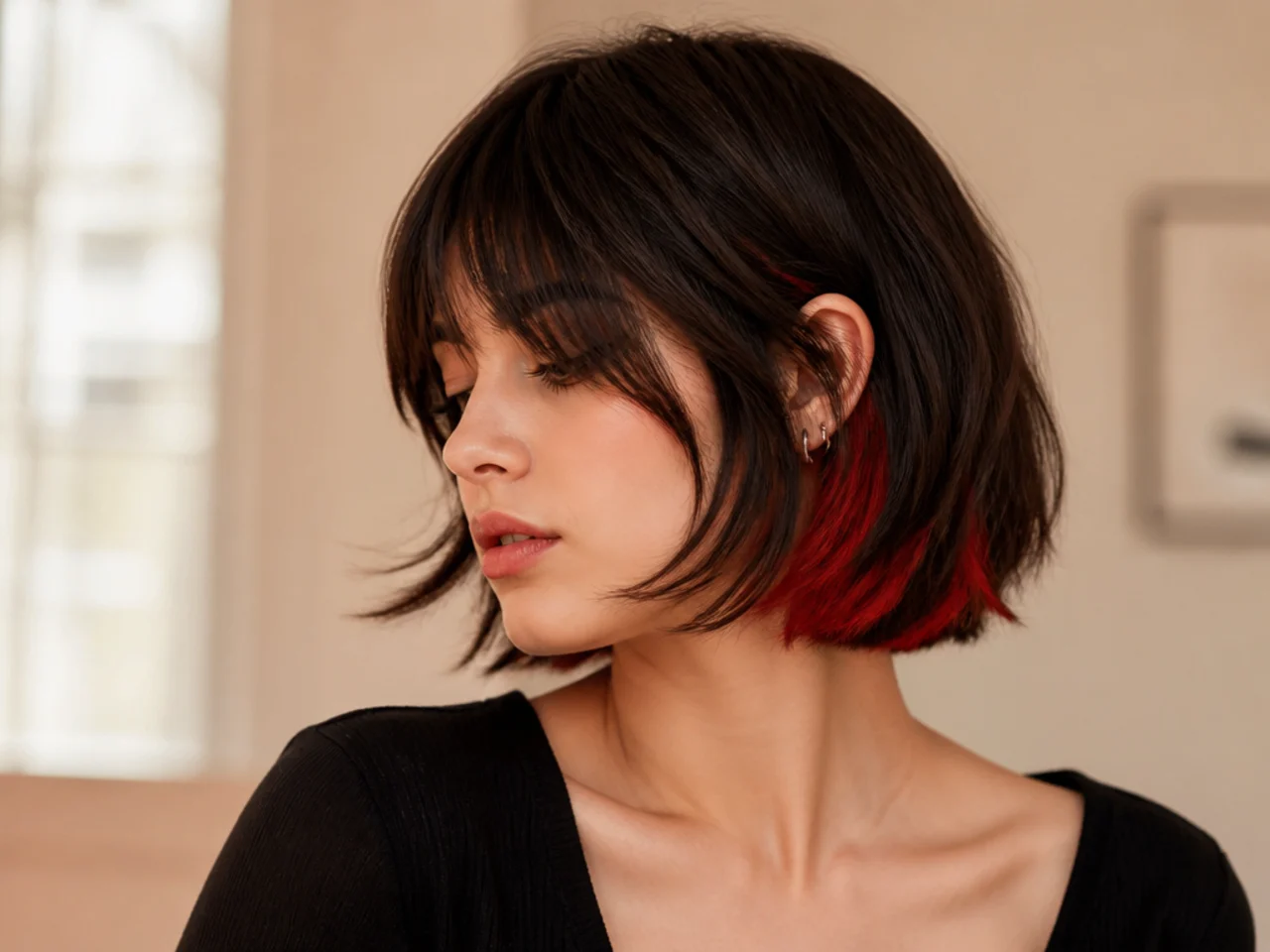 A bright red under layer on a short cut
