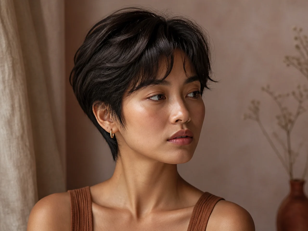 Short hair styled down with the colour panel fully hidden