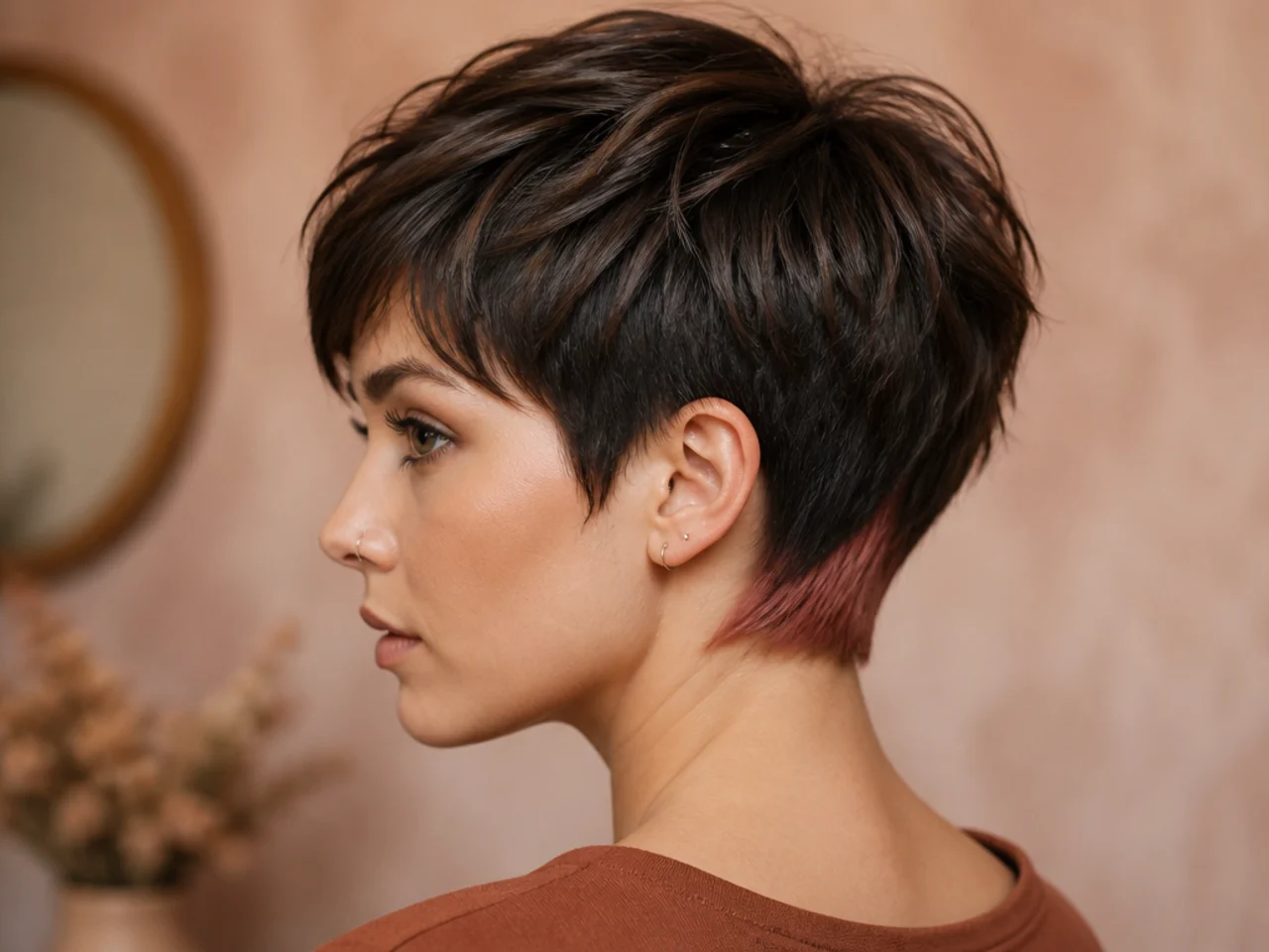 A pixie cut with a coloured under section at the nape