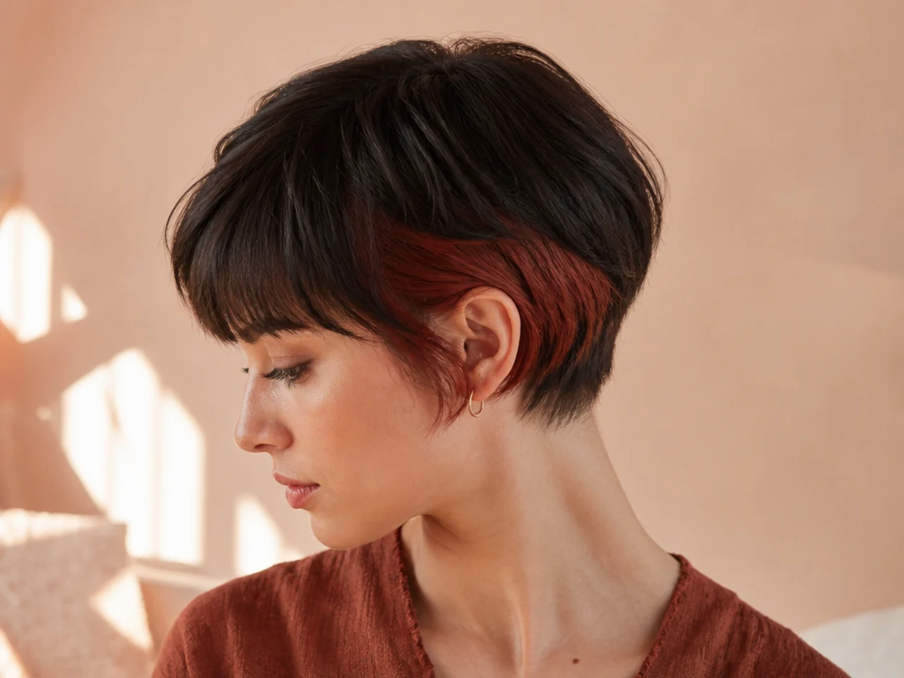 Fine short hair with a coloured under layer visible through the top