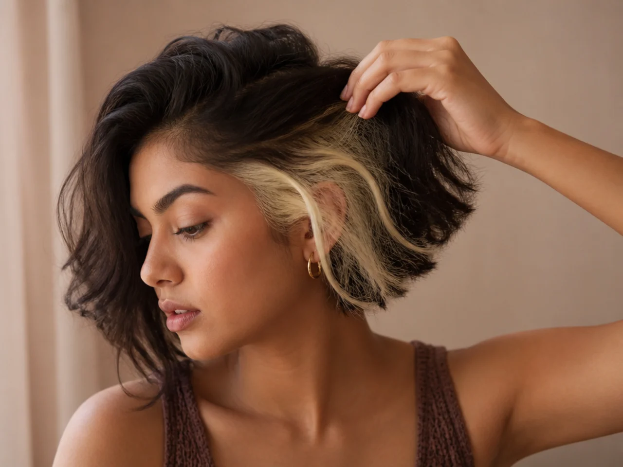 Thick short hair with a bright panel appearing as the hair is lifted