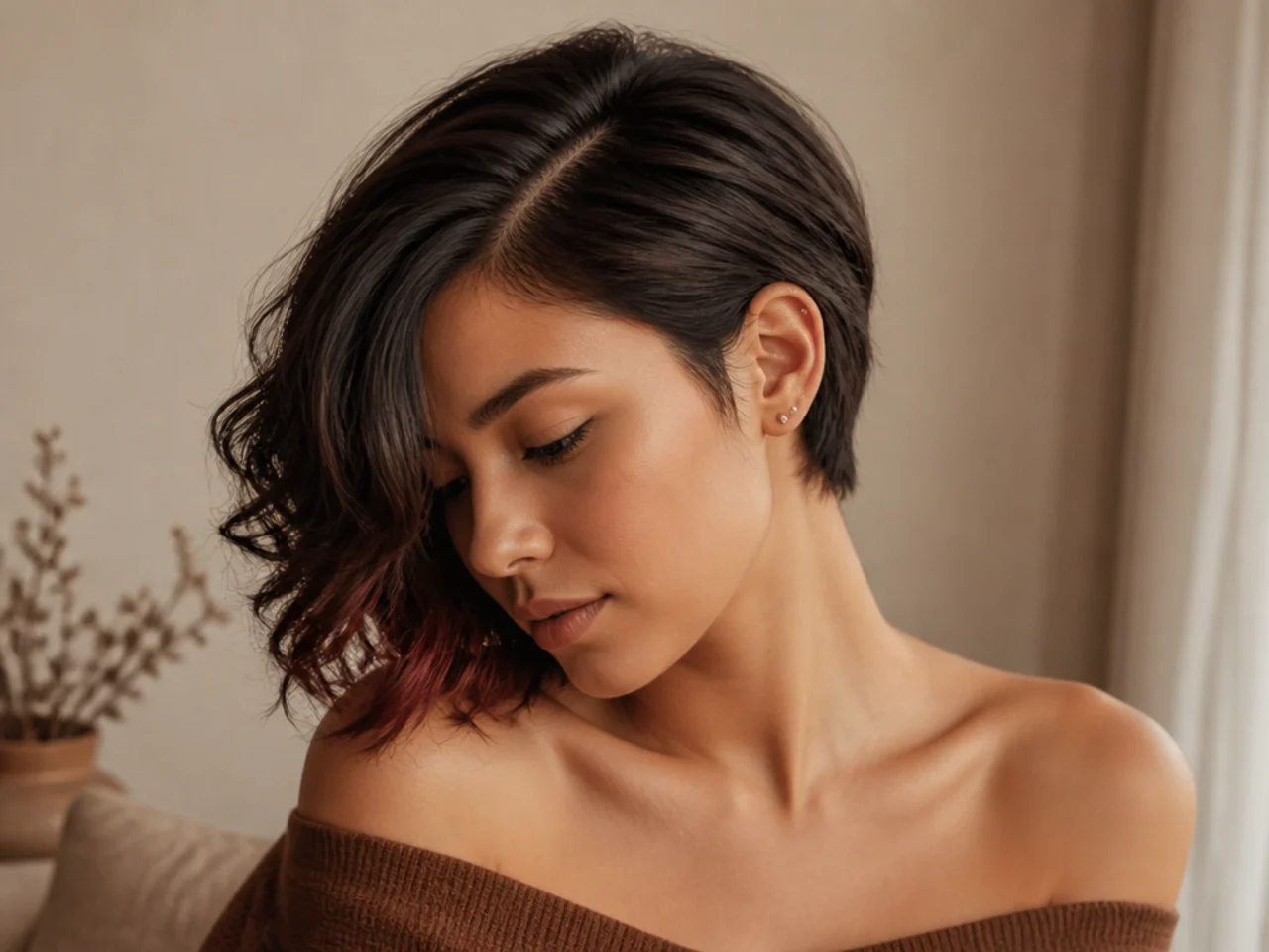 Short hair with a deep side part and colour hidden under the heavy side