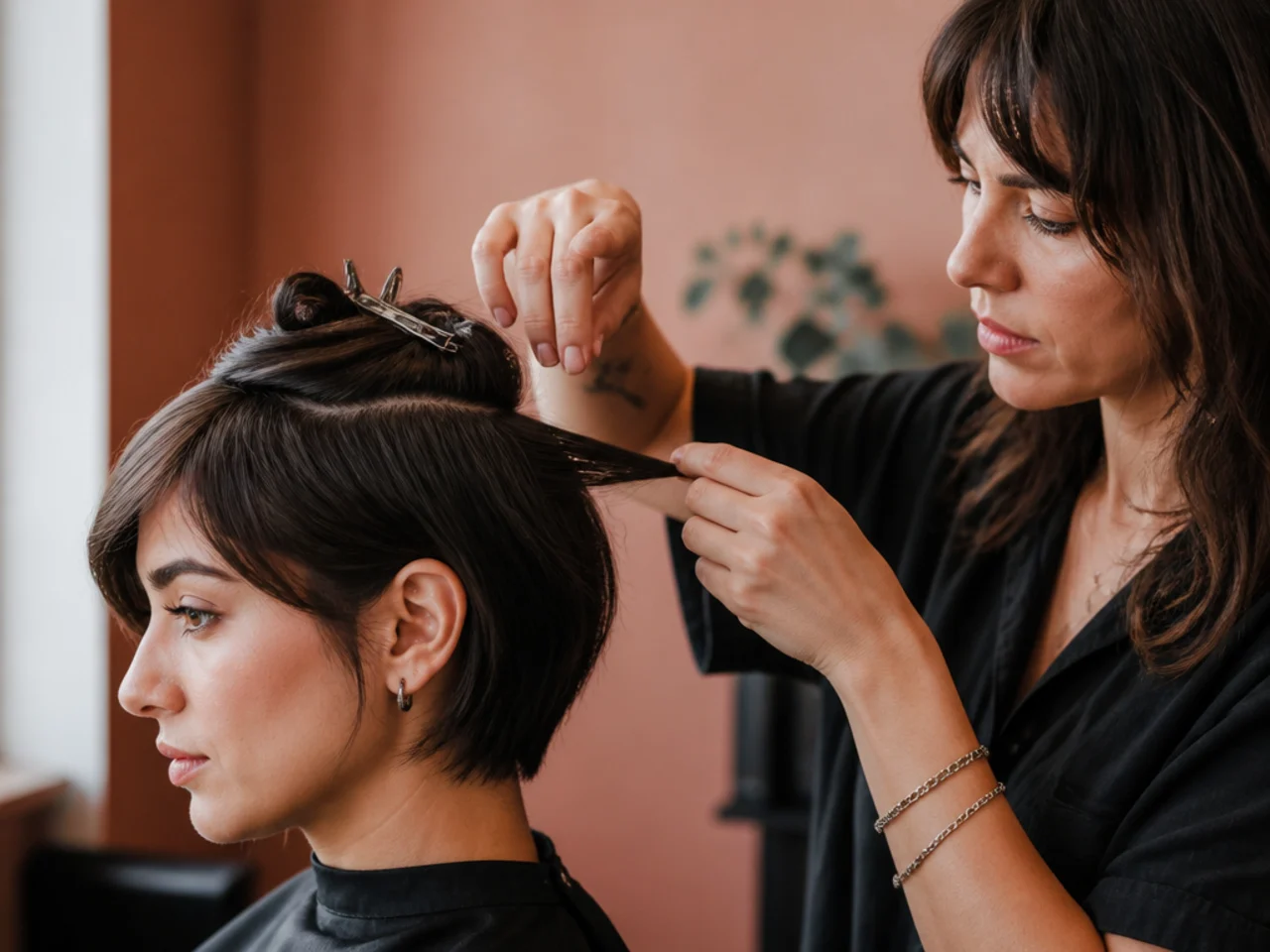 A stylist sectioning short hair to compare panel and layer placement