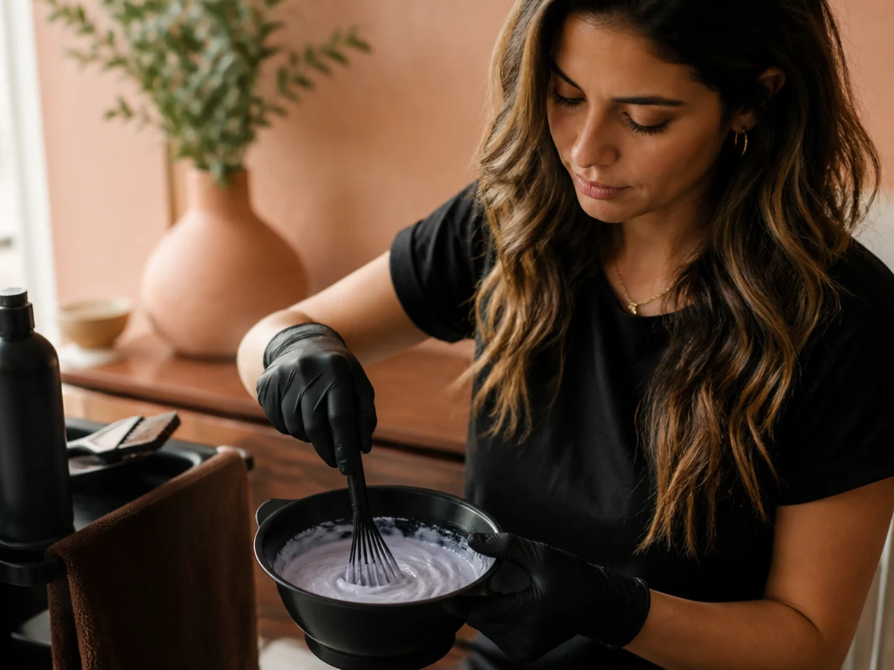 Lightener being mixed to a smooth paste in a tint bowl