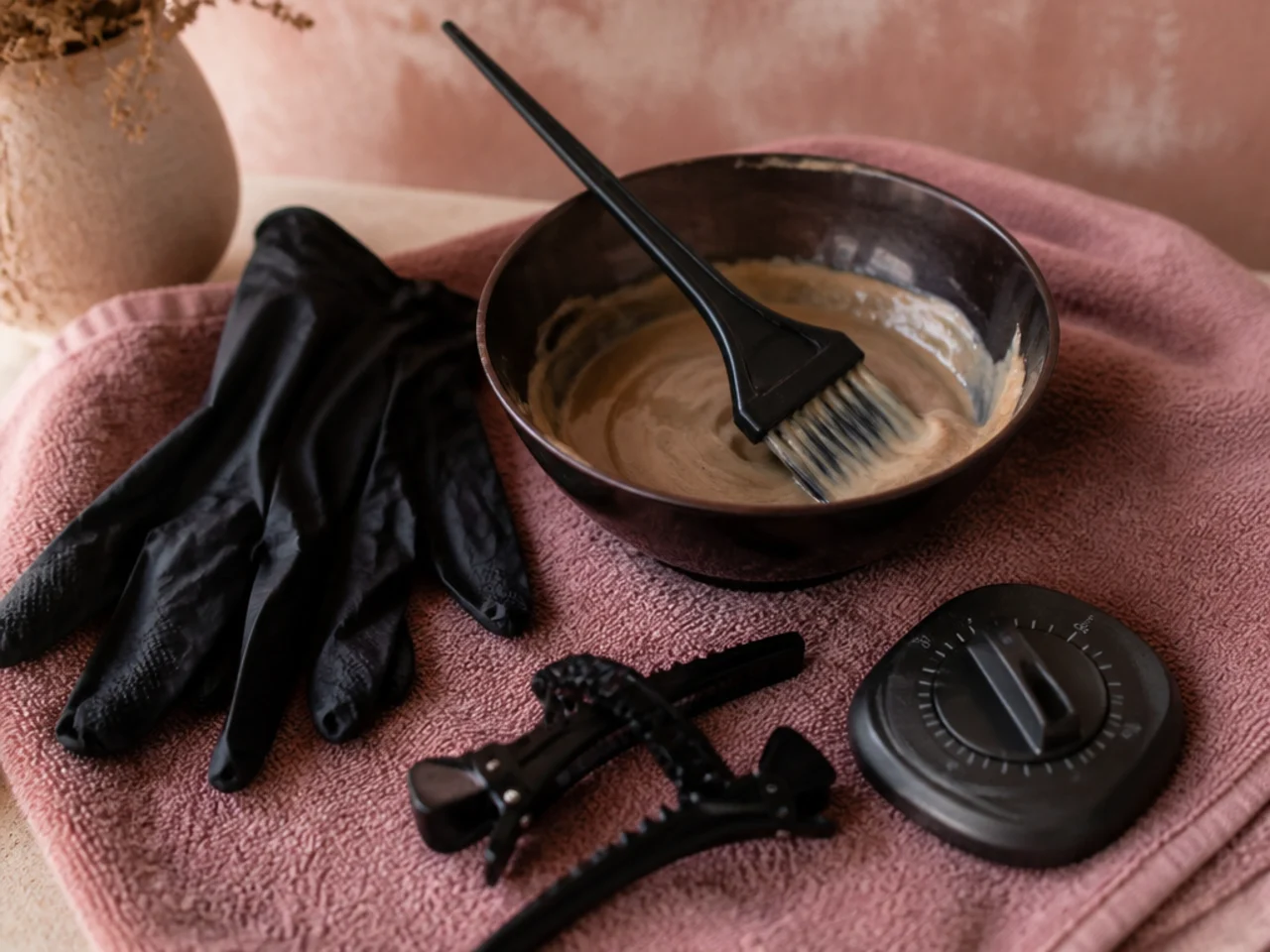 Bowl, tint brush, gloves, clips and a timer laid out on an old towel