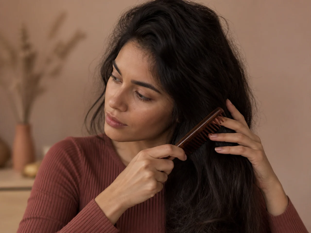 Unwashed hair being combed through before a home colour session
