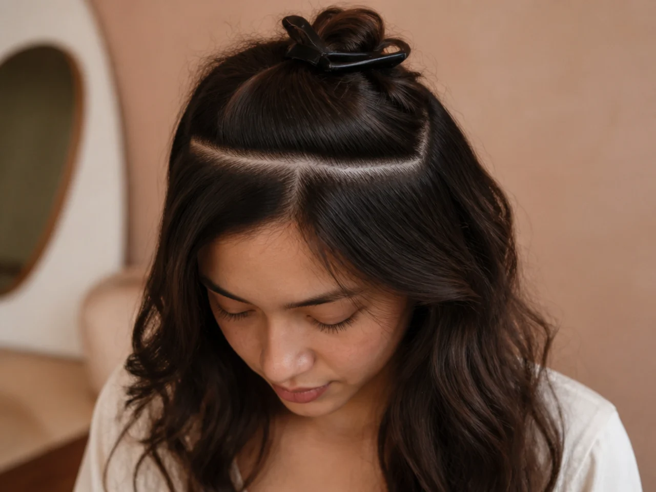 A clean horizontal ear to ear parting with the top layer clipped up
