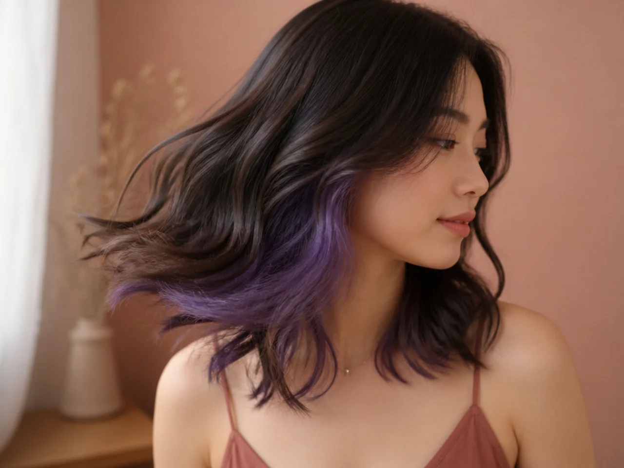 Three quarter view of hair with a violet peekaboo panel showing as it moves