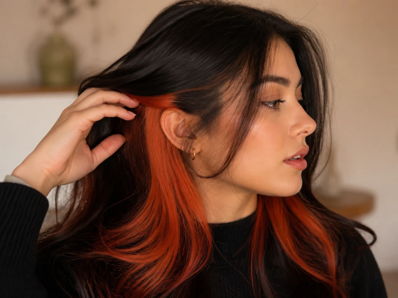 A tangerine underlayer on dark hair