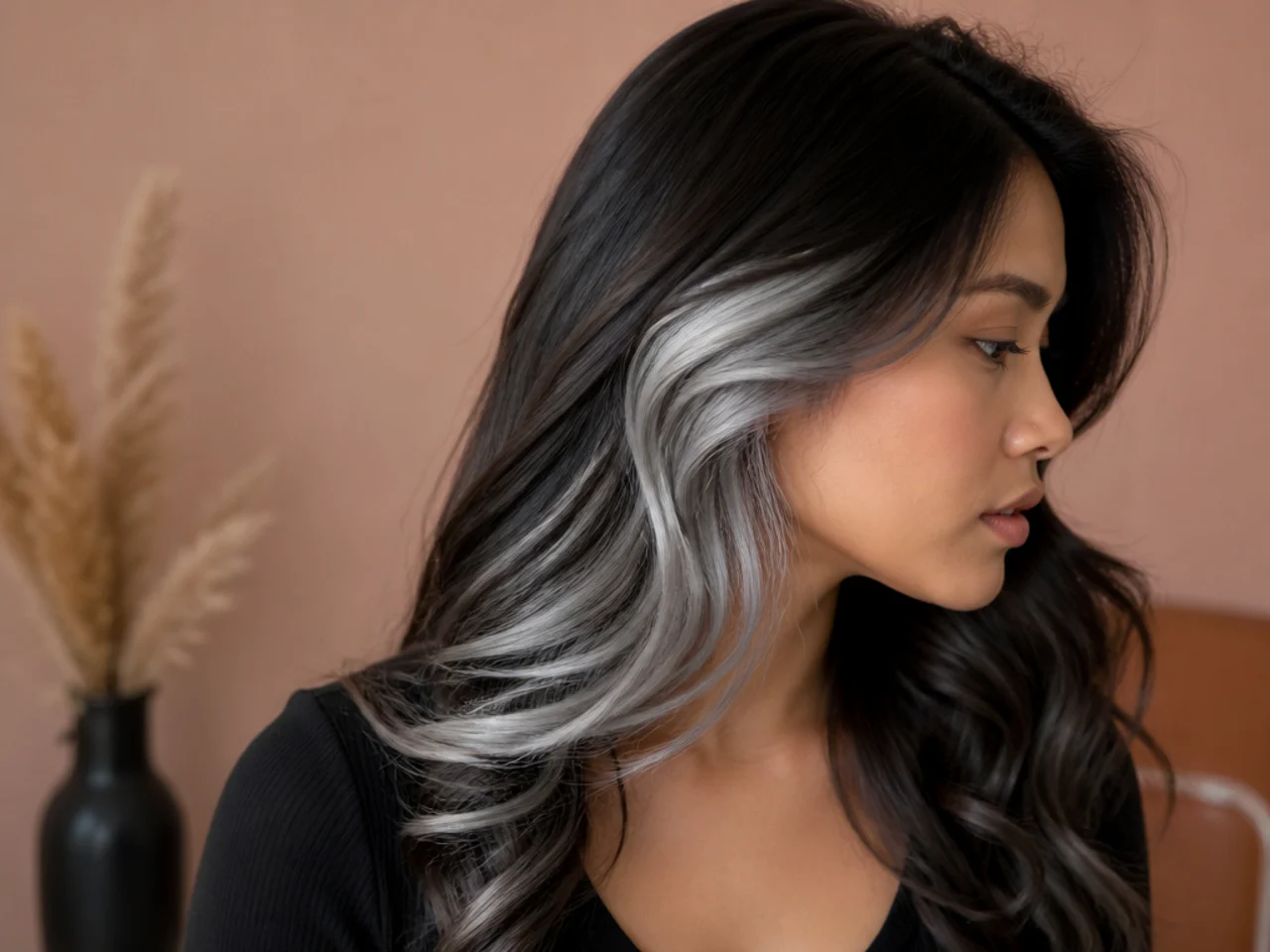 A silver toned panel under dark hair