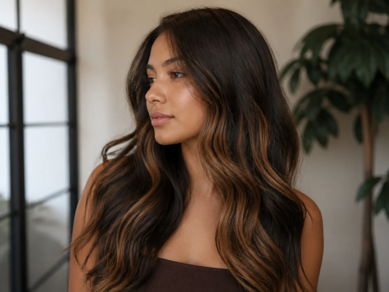 A caramel underlayer on dark brown hair
