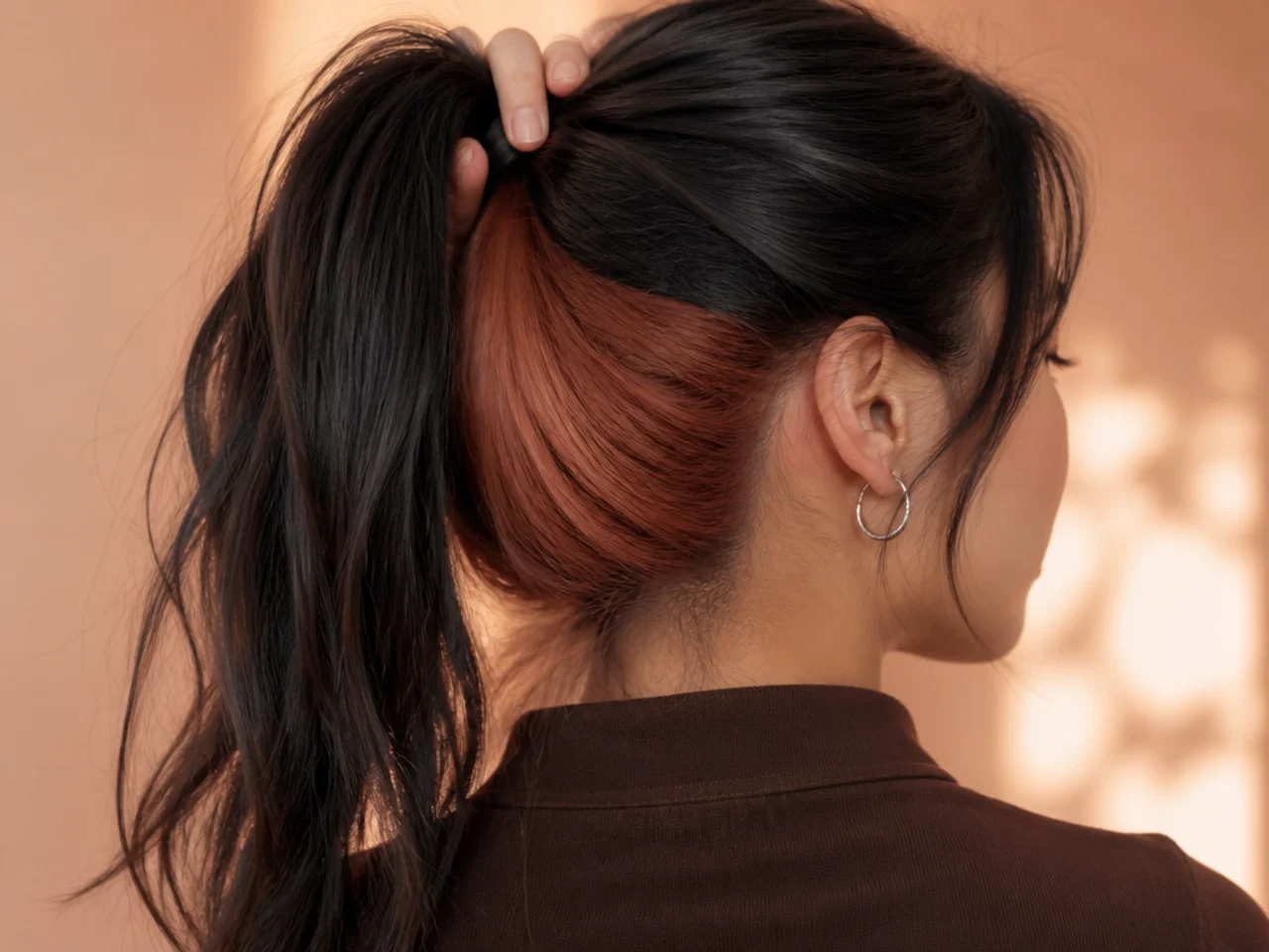 A coloured panel at the nape revealed by a ponytail