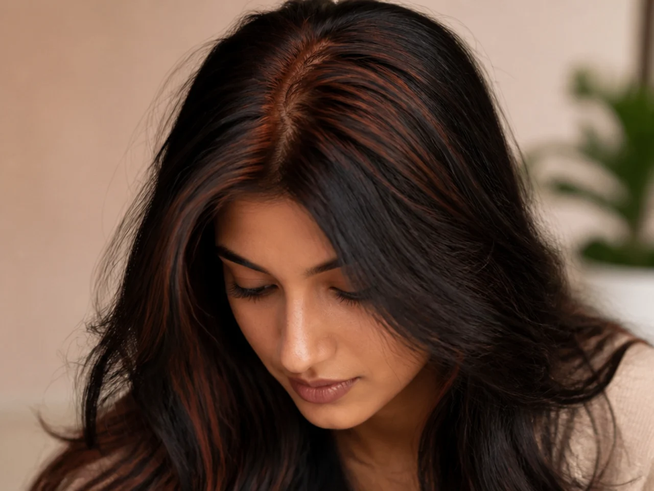 Colour showing along the parting of dark hair