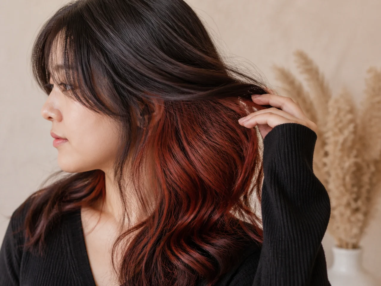 A full underlayer of colour beneath dark hair