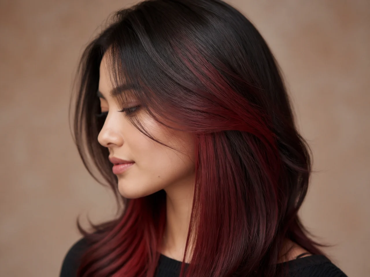 A cherry red panel under dark hair