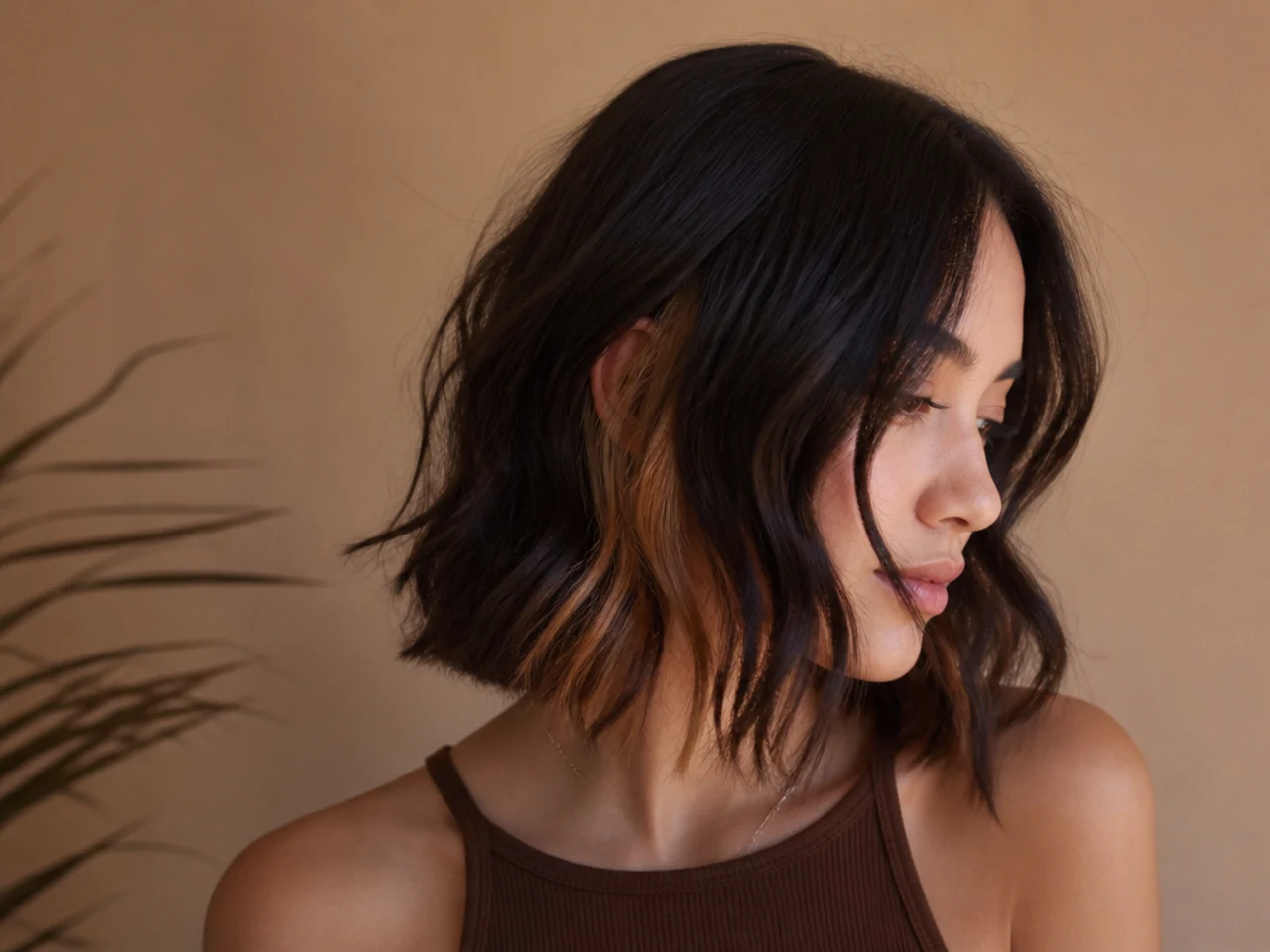 A thin ribbon of colour under dark hair