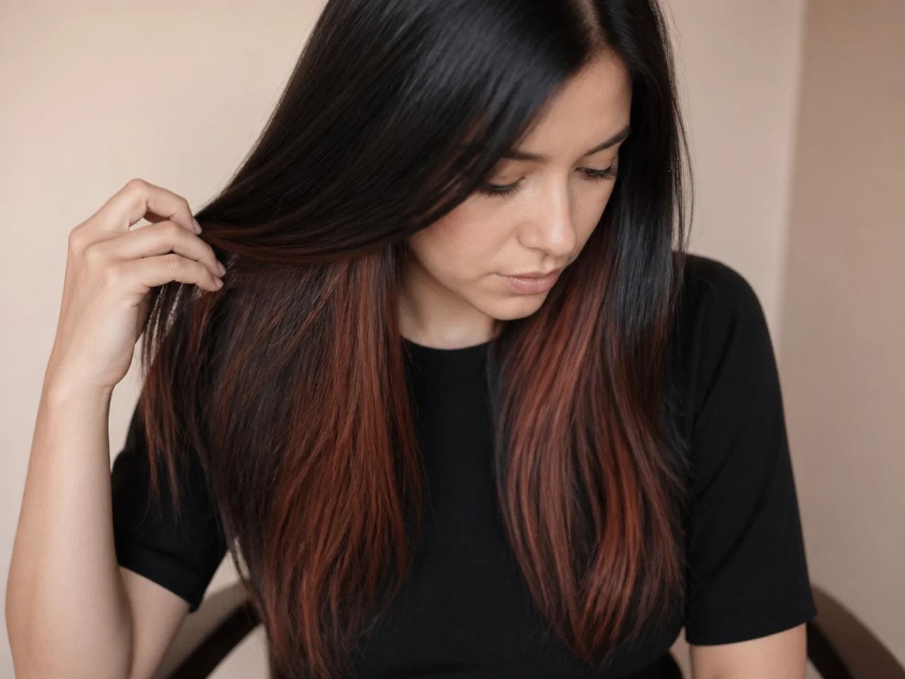 A colour panel under straight dark hair