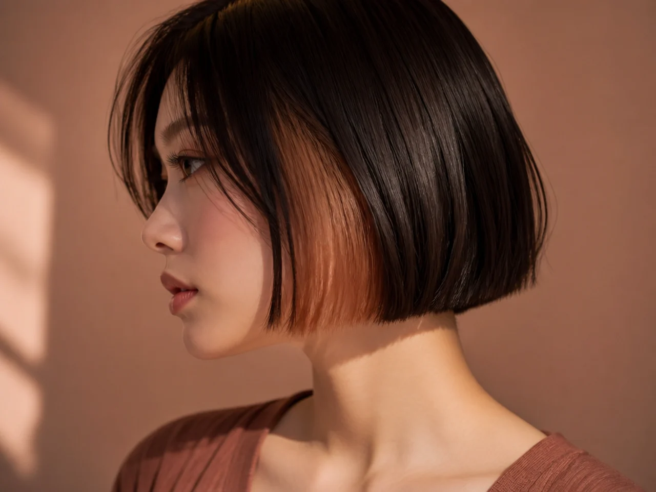 A colour panel under a blunt dark bob