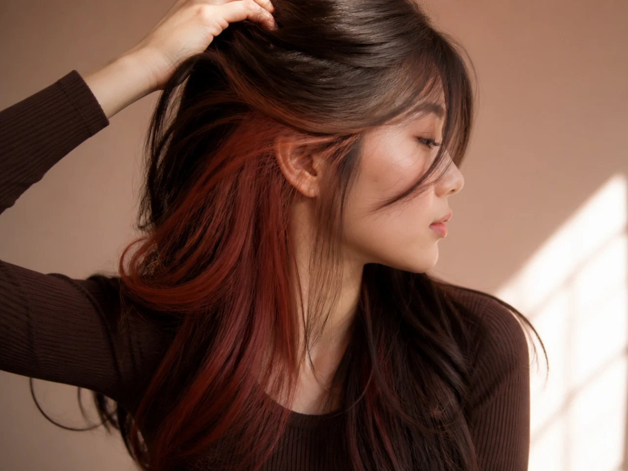 A copper underlayer beneath dark brown hair