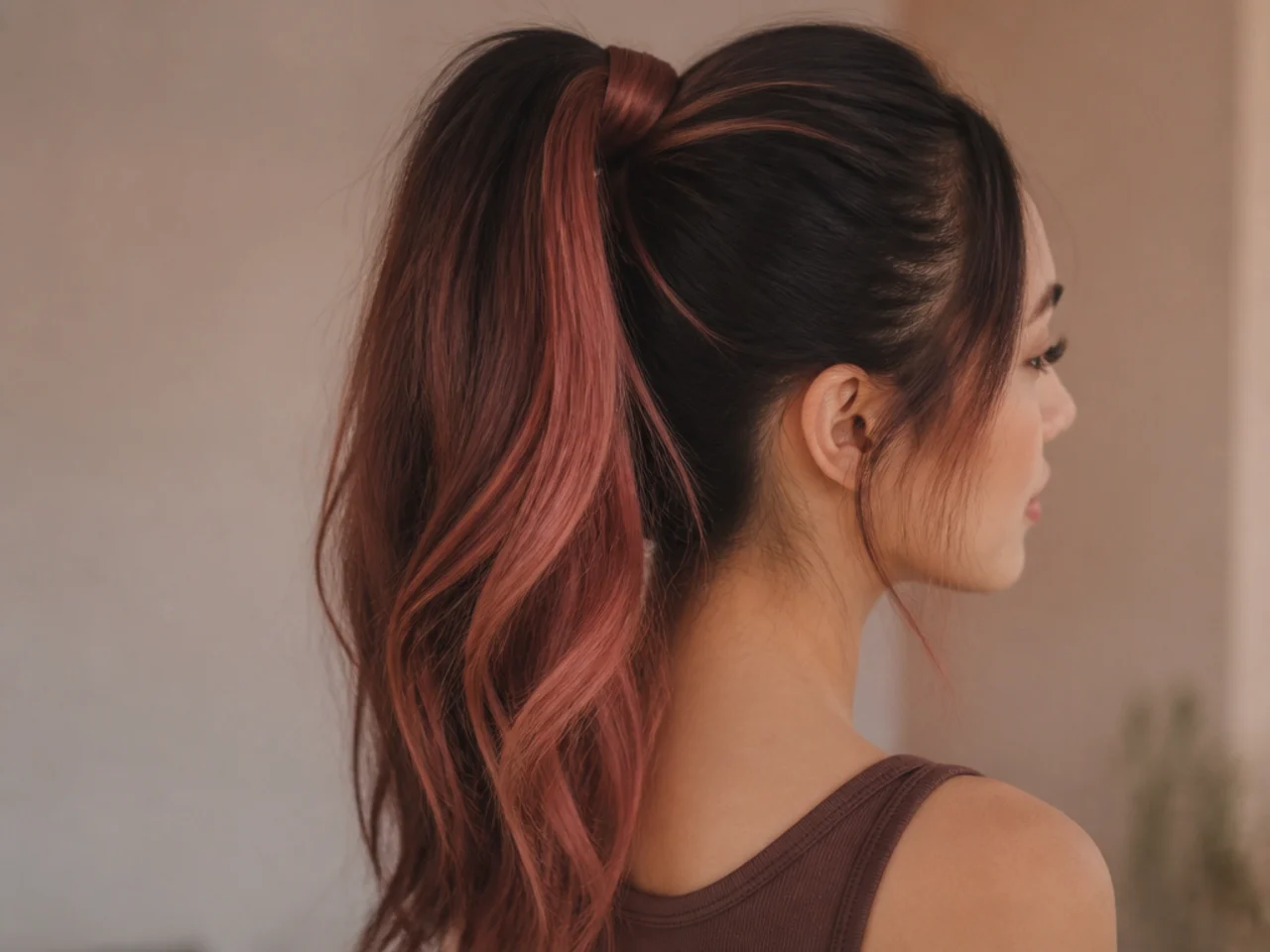 A coloured panel showing in a high ponytail