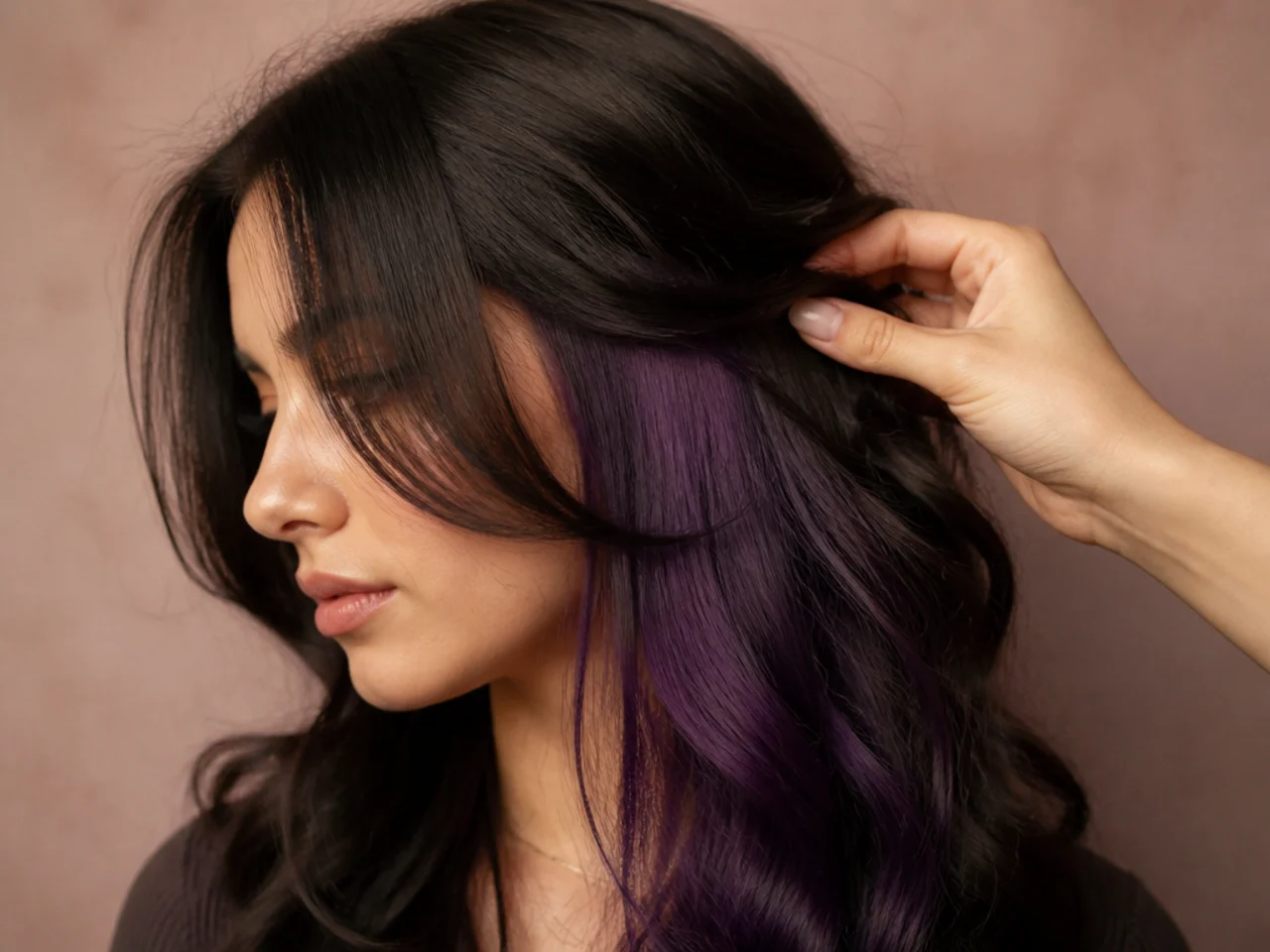 A deep violet panel under dark hair