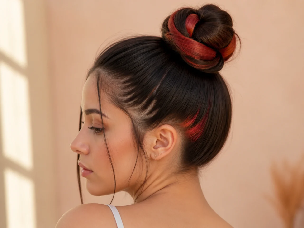 A sleek high top knot with a bright coloured under layer coiled visibly