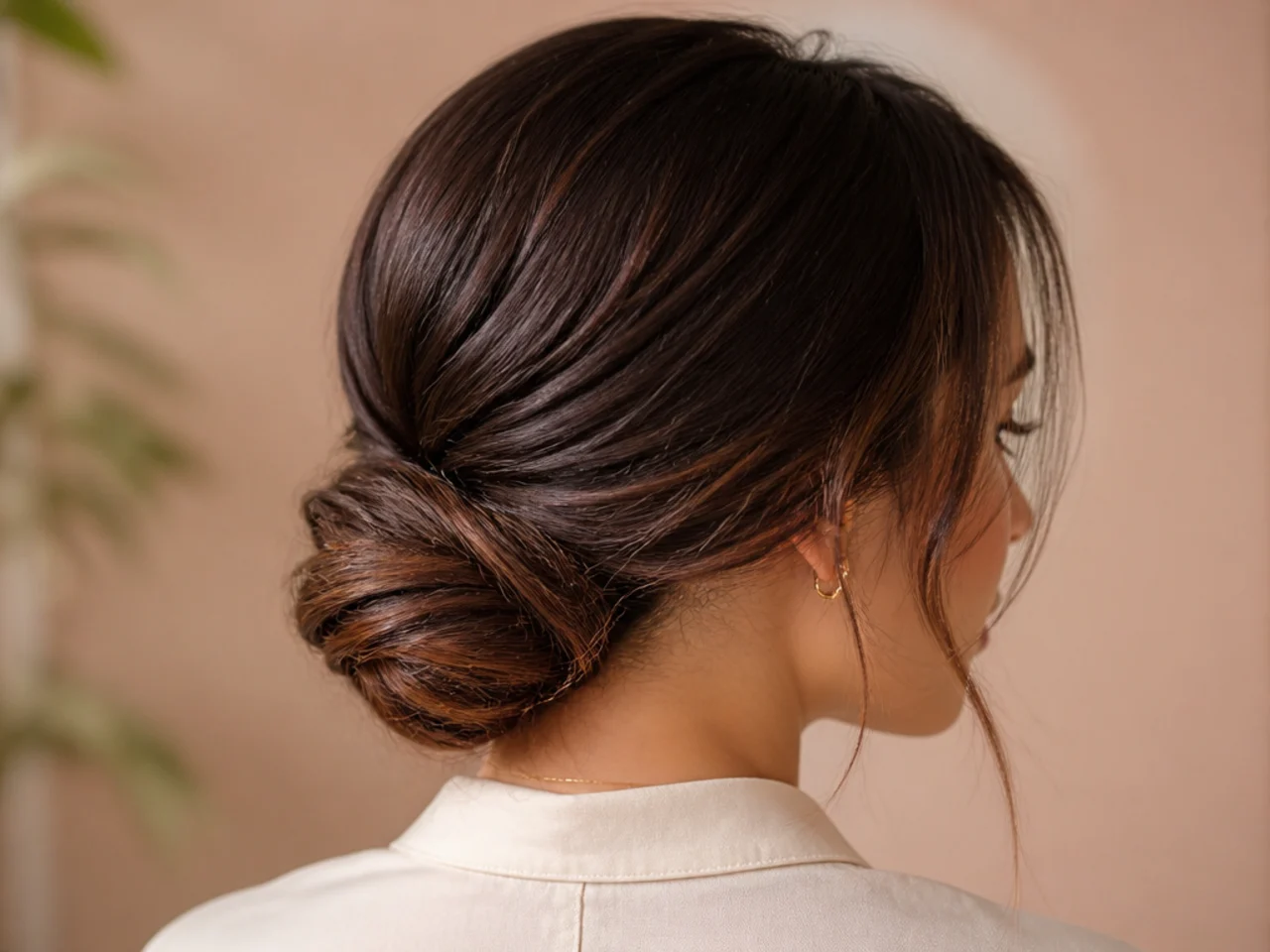 A low rolled chignon at the nape with colour visible through the coil