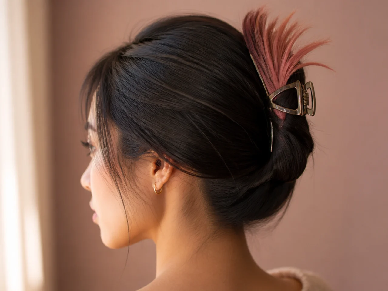 Hair twisted into a claw clip with coloured ends fanning out at the top