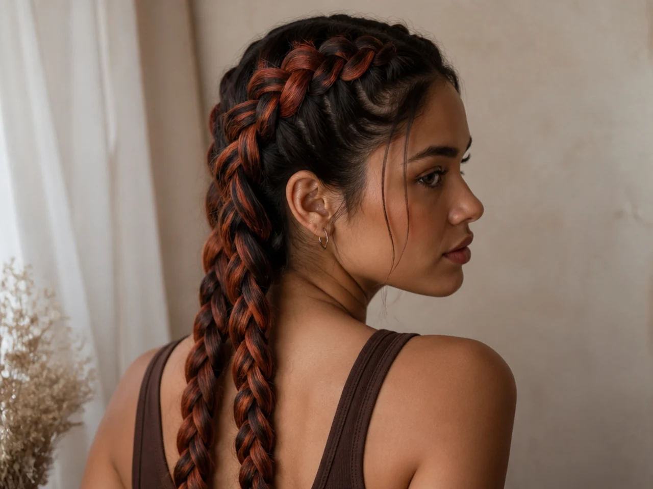 Two Dutch braids with coloured hair surfacing at every crossing